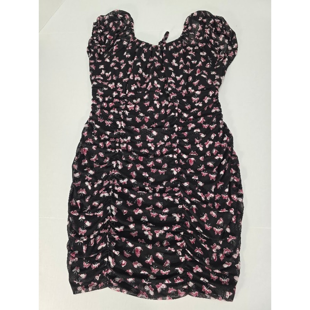 Ultra Flirt Women's XS Bodycon Mini Dress Black Pink Butterfly‎ Print Ruched XL